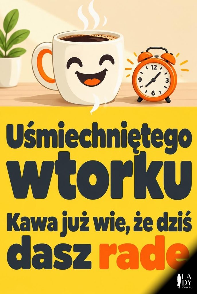 Kartka na wtorek z uśmiechniętym kubkiem kawy i budzikiem, na żółtym pasie napis „Uśmiechniętego wtorku" oraz „Kawa już wie, że dziś dasz radę".