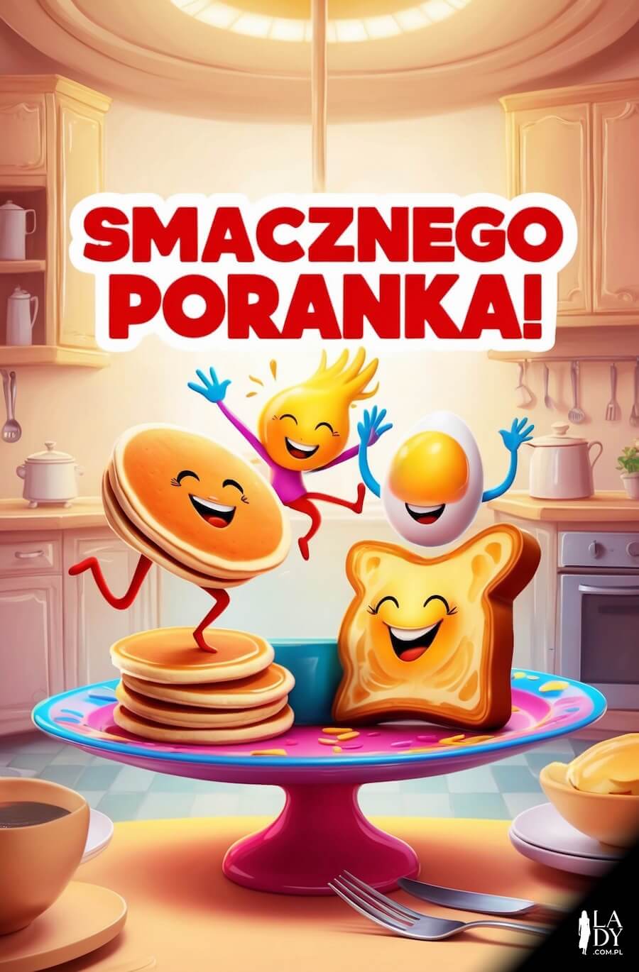 Śmieszna kartka na dzień dobry, roześmianie jedzenie takie jak tost, pancake i jajko na stole w kuchni, z napisem: Smacznego poranka