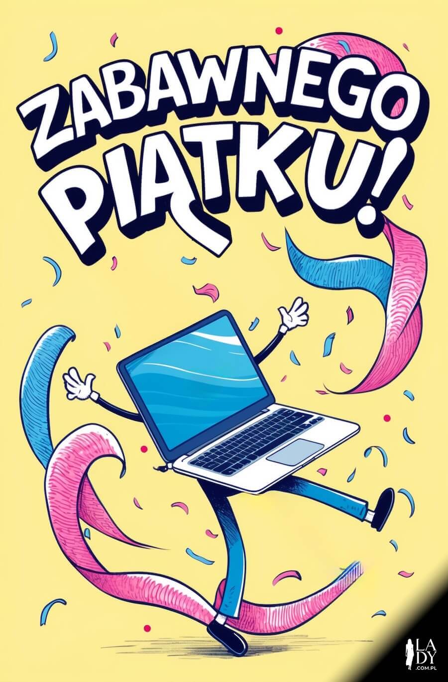 Kartka na piątek, wesoły laptop z konfetti, z napisem: Zabawnego piątku