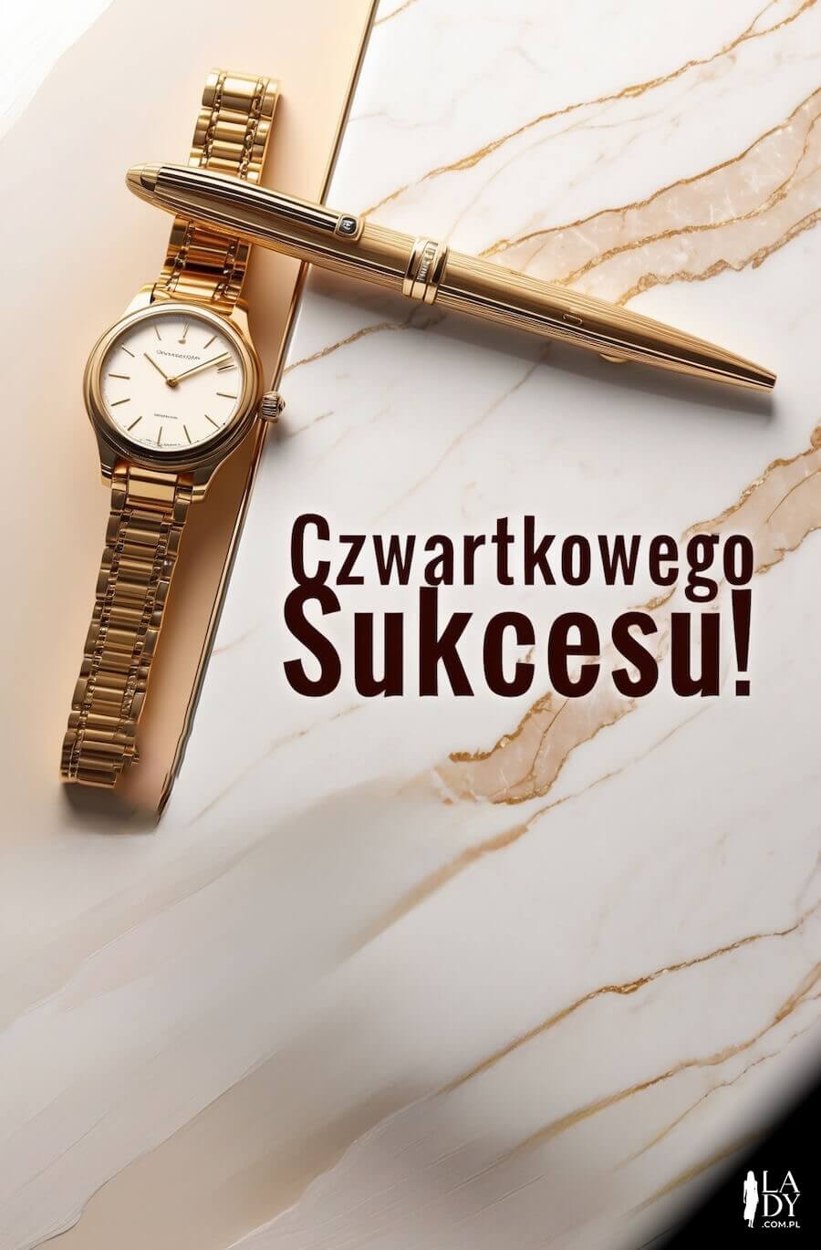 Kartka na czwartek, złoty zegarek i długopis na marmurowym blacie, z napisem: Czwartkowego sukcesu