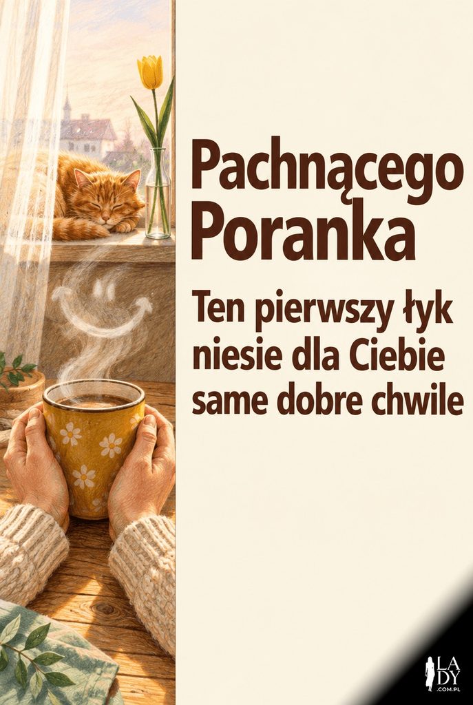 Ilustracja dłoni otulających kubek kawy z parą w kształcie uśmiechu, obok śpiący rudy kot na parapecie, z napisem życzącym pachnącego poranka.