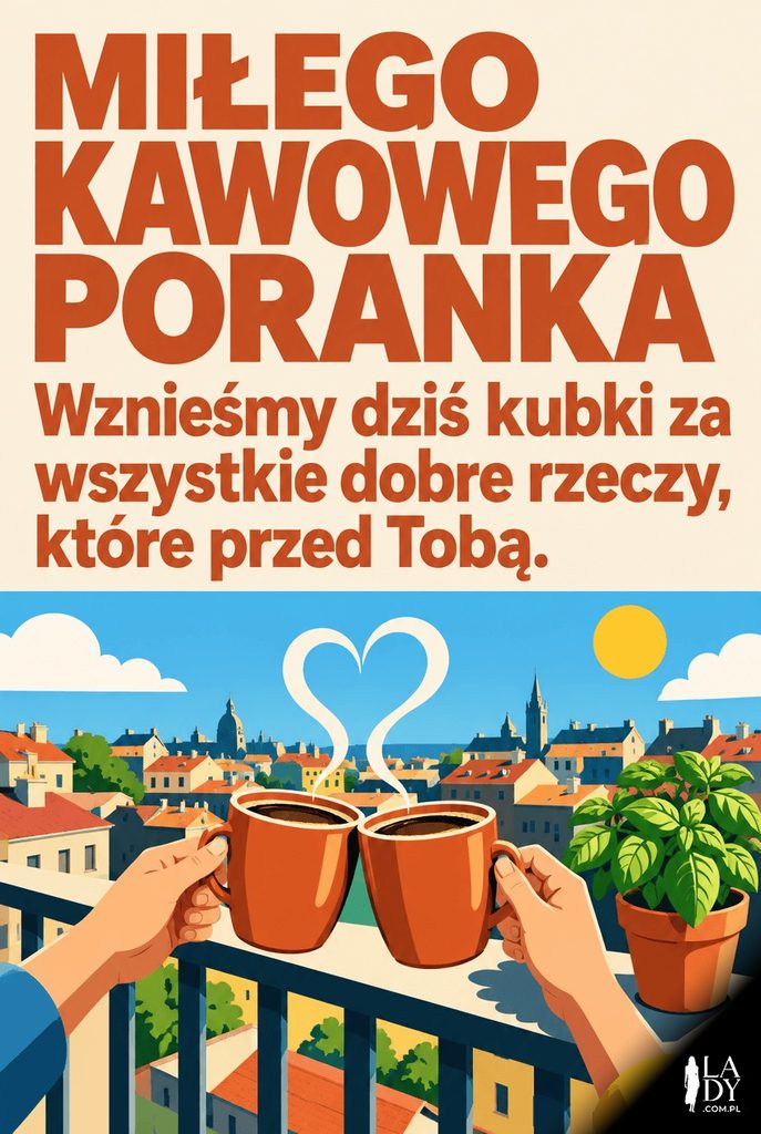 Wektorowa ilustracja dwóch stukających się kubków kawy na słonecznym balkonie z doniczką bazylii, z życzeniami miłego kawowego poranka.