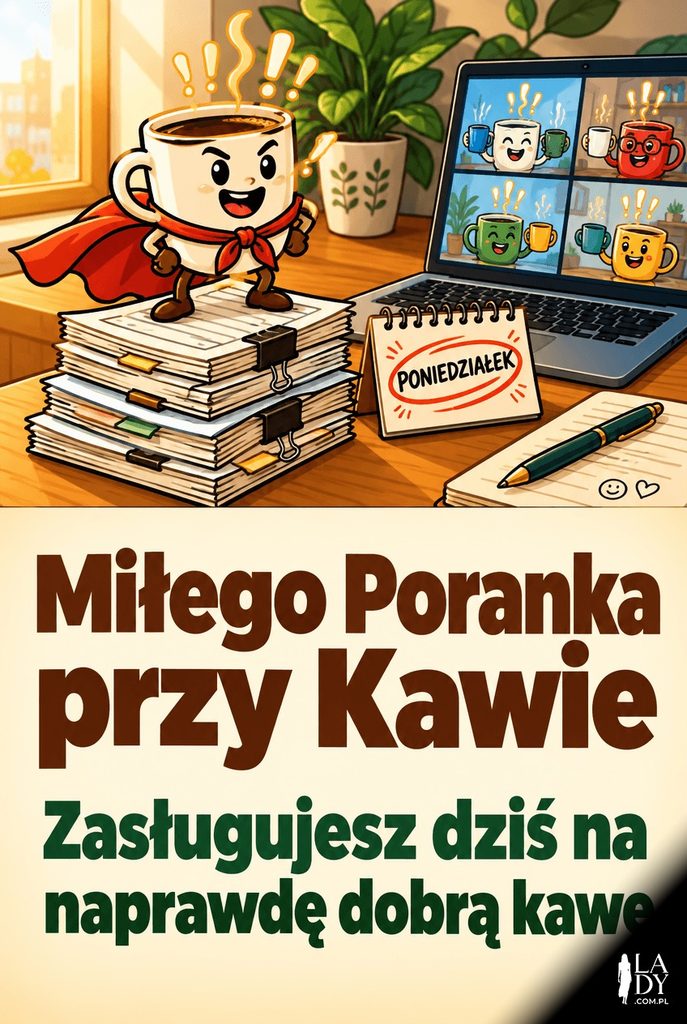 Kreskówkowa kartka na dzień dobry z kubkiem kawy w pelerynie superbohatera na biurku, w tle wideorozmowa z kolegami unoszącymi kubki, z napisem „Miłego Poranka przy Kawie" i życzeniem dobrej kawy na poniedziałek.