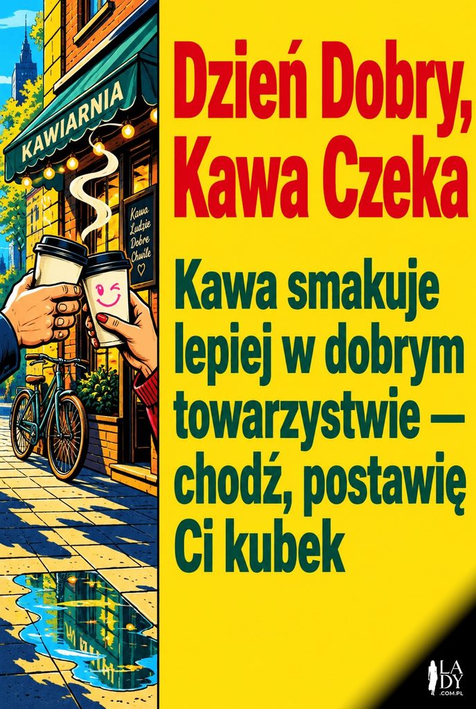 Pop-artowa kartka z dwoma kubkami kawy na wynos stukającymi się jak podczas toastu na porannej ulicy przed kawiarnią, z napisem „Dzień Dobry, Kawa Czeka" i zaproszeniem na wspólną kawę.