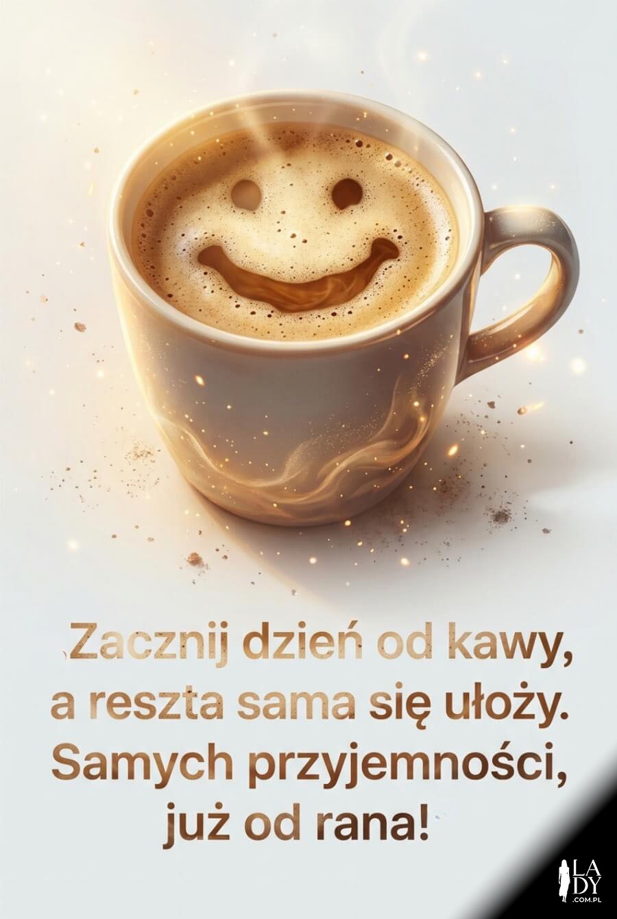 Poranna kawa z uśmiechem i jasnym, optymistycznym przesłaniem