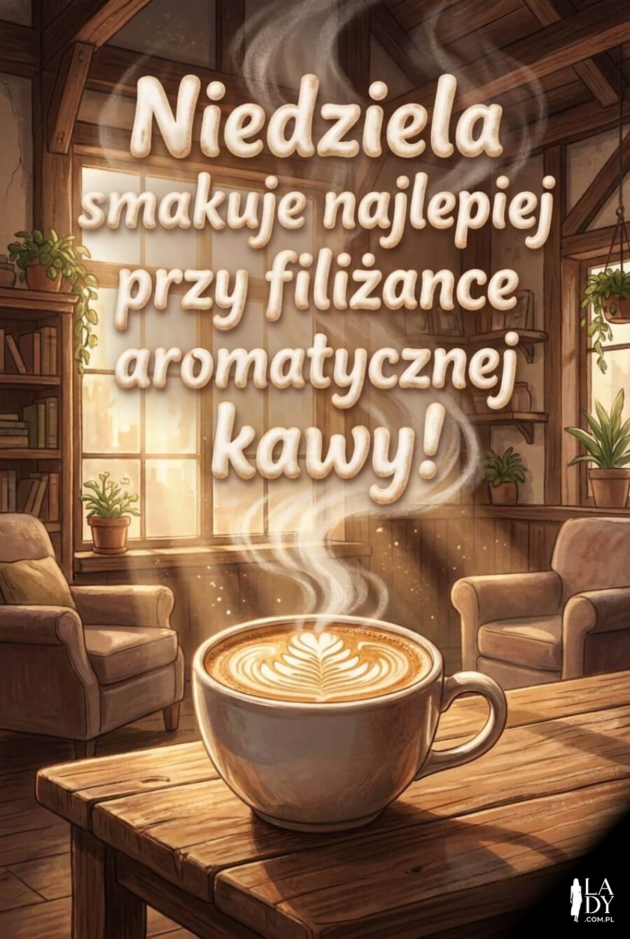 Przytulna kawiarnia z latte art i ciepłym niedzielnym światłem