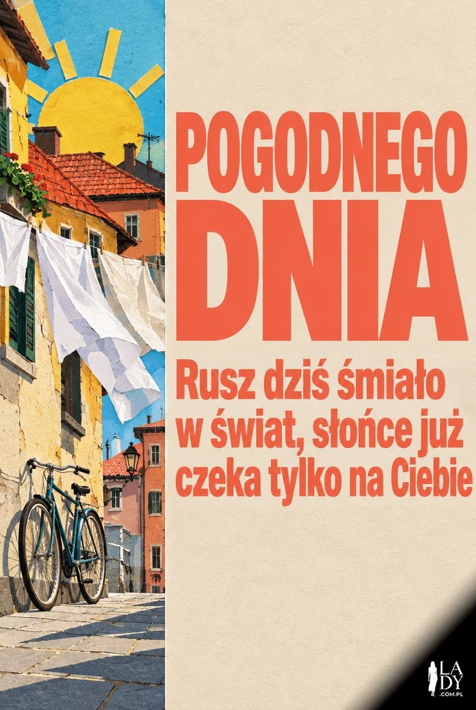 Kolaż cyfrowy przedstawiający słońce nad dachami, suszące się prześcieradła i rower pod ścianą, z życzeniami pogodnego dnia.
