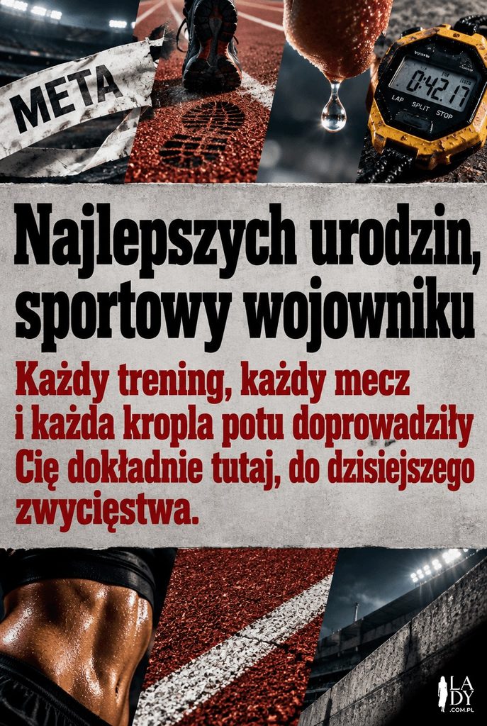 Kolaż sportowy z taśmą mety i stoperem, kartka urodzinowa z dłuższym tekstem dla sportowca