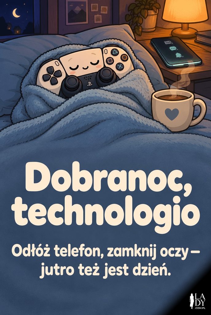 Ilustracja konsolowego kontrolera otulonego kocykiem obok kubka z ciepłym napojem, z napisem „Dobranoc, technologio" i życzeniem odłożenia telefonu przed snem.