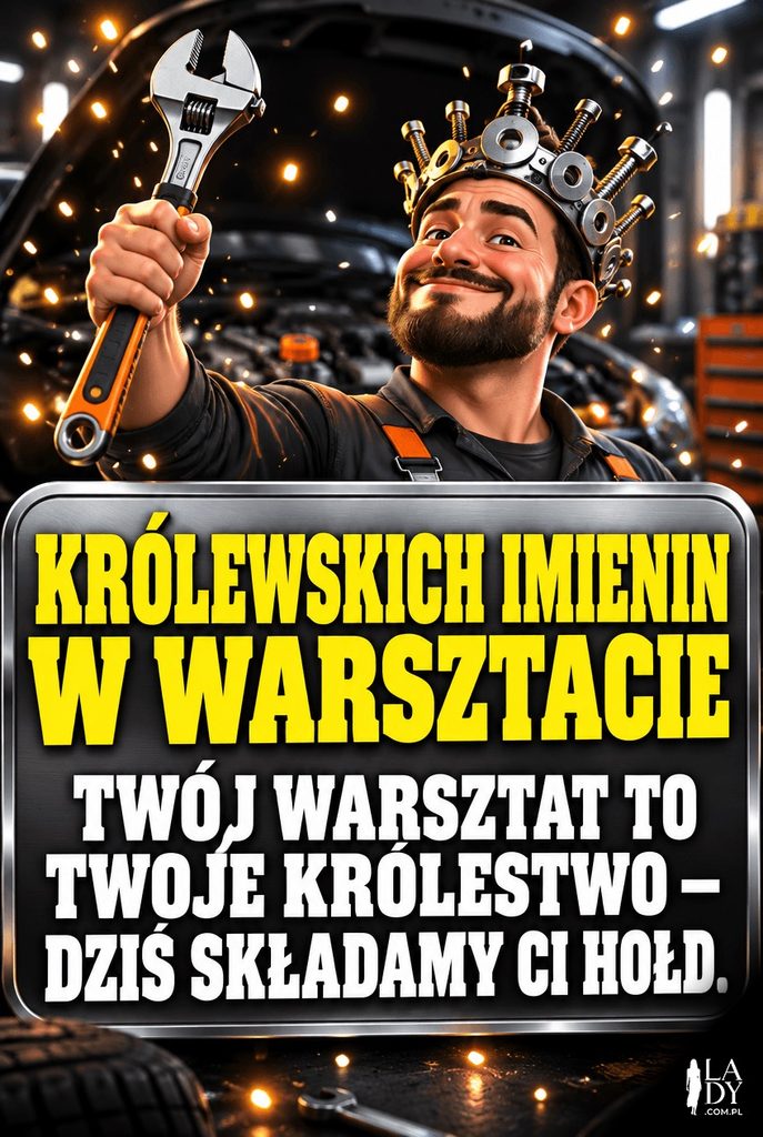 Kartka imieninowa z mechanikiem w koronie ze śrub trzymającym klucz jak berło