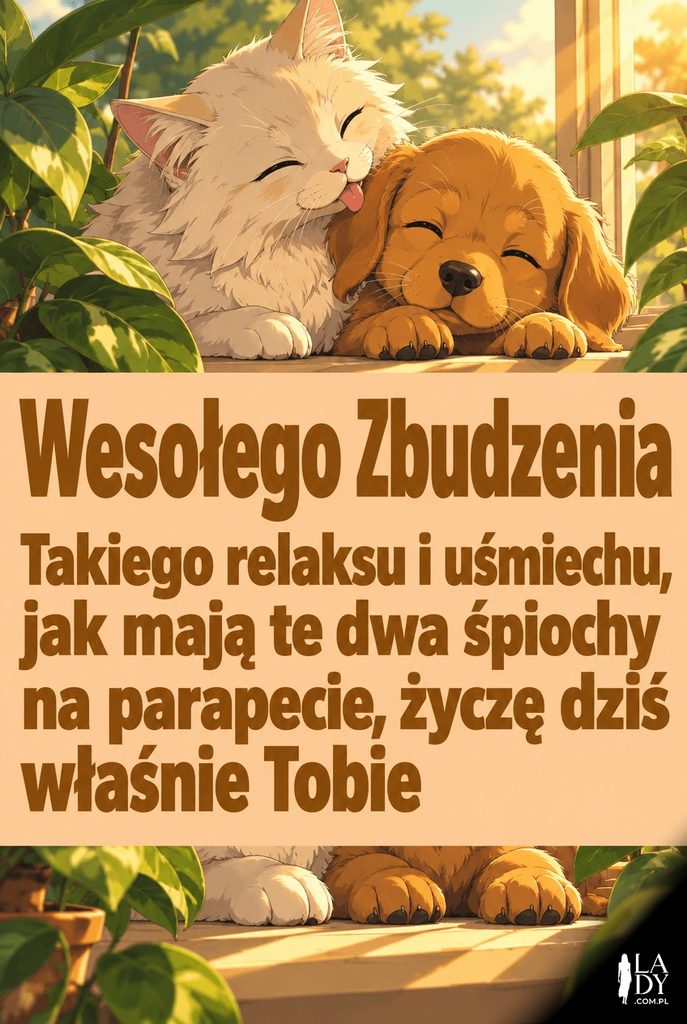 Ilustracja w stylu anime kota i szczeniaka drzemiących razem w promieniu słońca na parapecie, z dłuższym tekstem życzącym beztroskiego dnia.