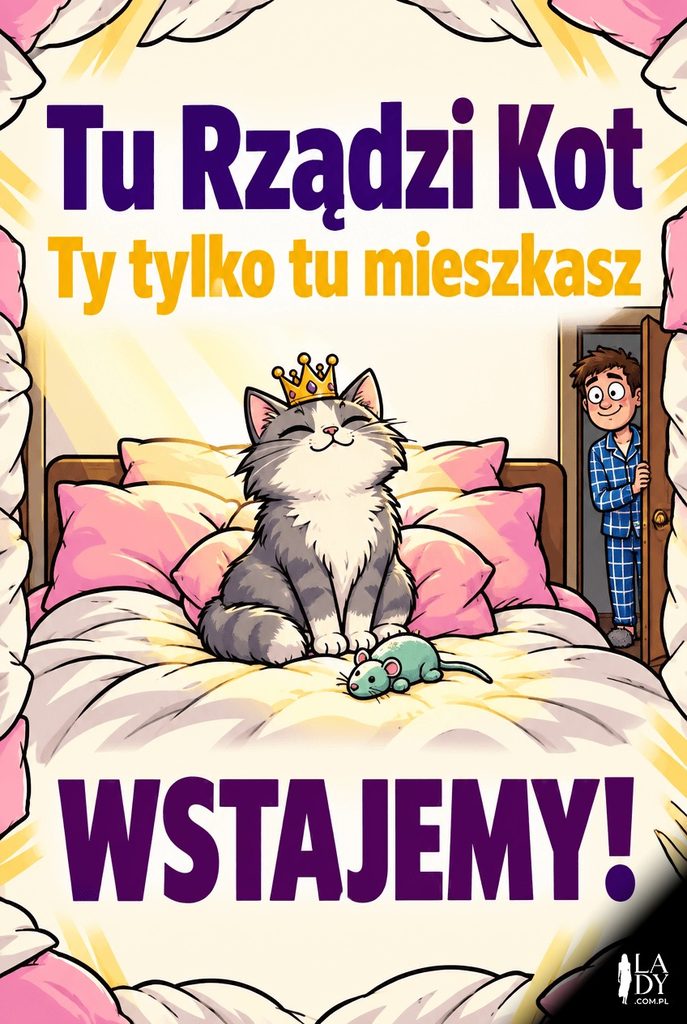 Minimalistyczna kartka z kotem zasiadającym na łóżku jak na tronie w plamie światła, obramowana pasem poduszek, z krótkim napisem „Tu Rządzi Kot. Ty tylko tu mieszkasz".