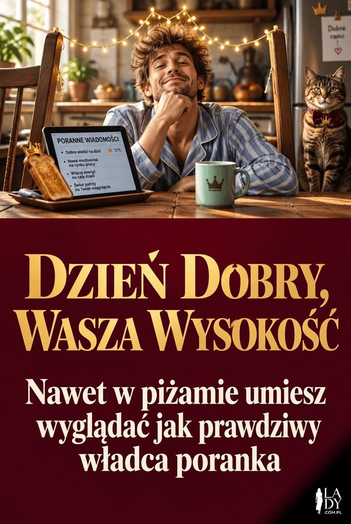 Fotorealistyczna kartka z osobą w piżamie żartobliwie koronowaną girlandą lampek jak monarcha poranka, z kotem jako strażą przy lodówce, z napisem „Dzień Dobry, Wasza Wysokość".