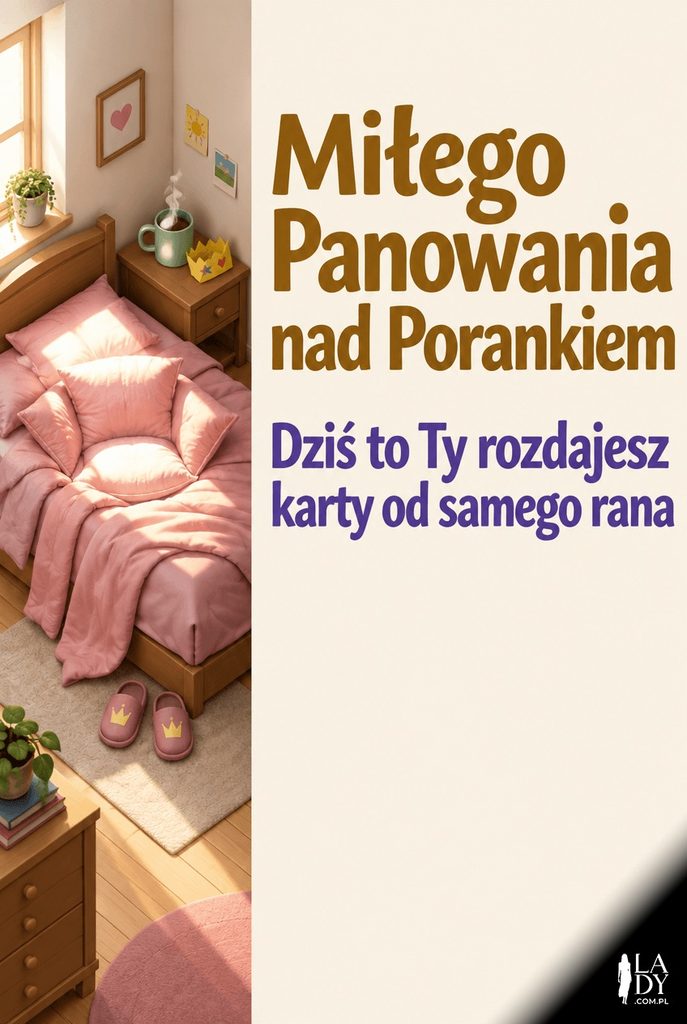 Izometryczna kartka z poduszkami i kołdrą układającymi się przypadkiem w kształt tronu, papierową koroną odłożoną na szafce, z napisem „Miłego Panowania nad Porankiem" i życzeniem udanego dnia.