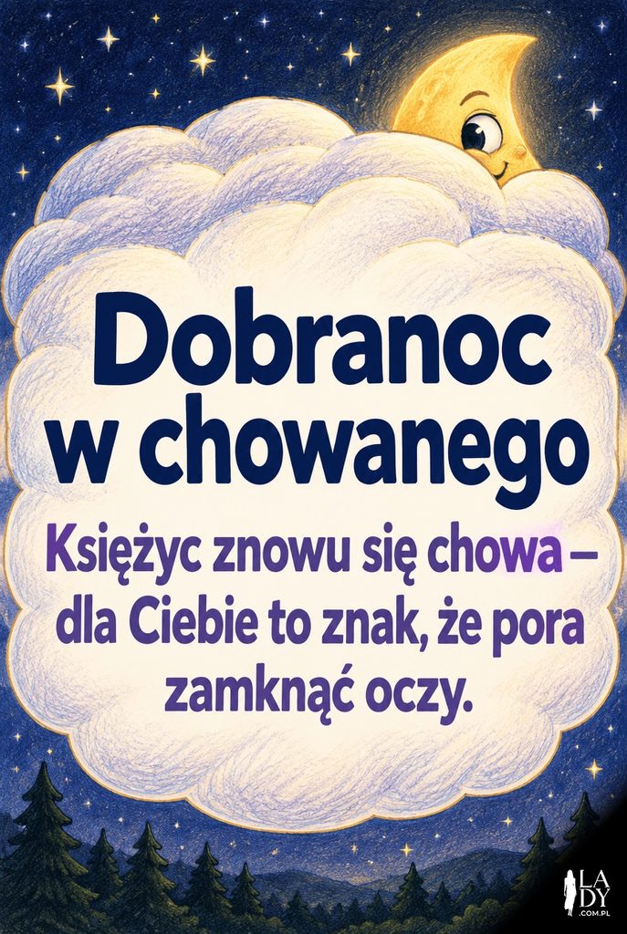 Ilustracja księżyca chowającego się za chmurą przypominającą kołdrę, z napisem „Dobranoc w chowanego".
