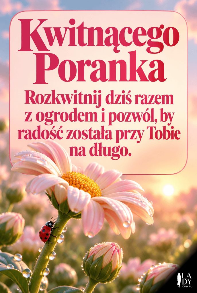 Miękka ilustracja 3D rozkwitającej stokrotki z kroplami rosy i biedronką na łodydze, z życzeniami kwitnącego poranka