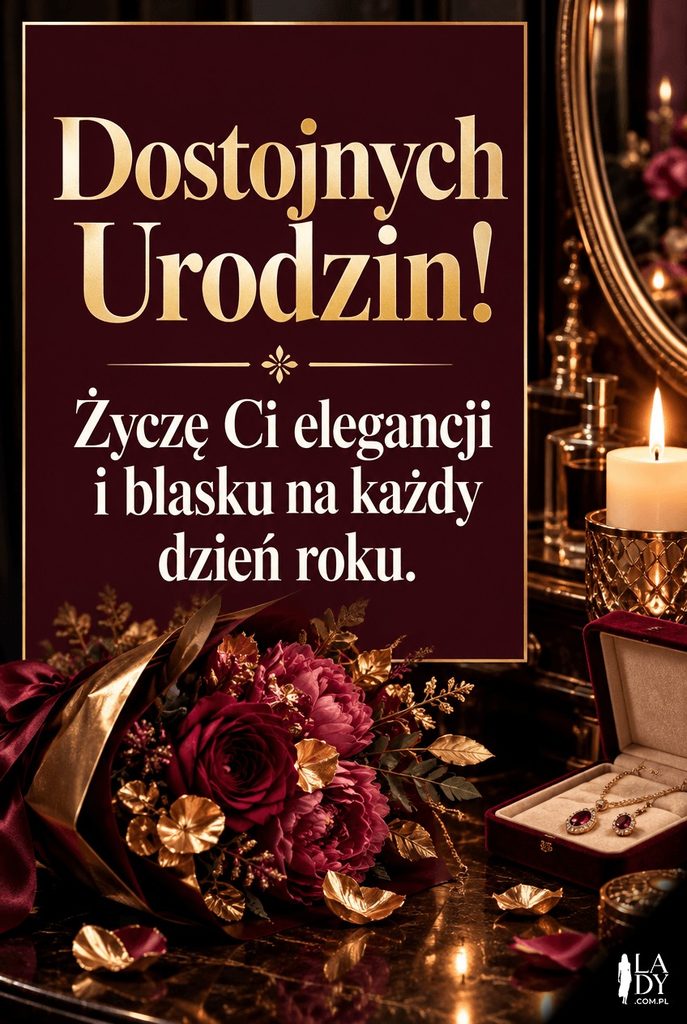 Elegancka kartka urodzinowa ze złoconymi kwiatami przy toaletce, życzenie „Dostojnych Urodzin!”