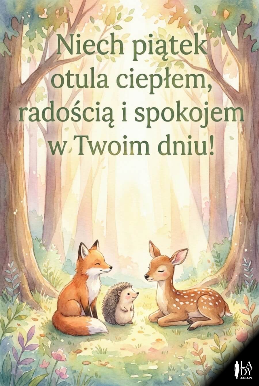 Magiczne leśne zwierzęta w piątkowej, spokojnej scenie