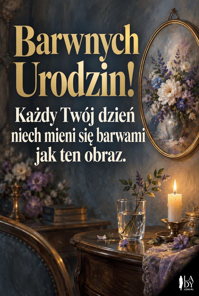 Kartka urodzinowa z malarską kompozycją kwiatową w owalnej ramie, życzenie „Barwnych Urodzin!”