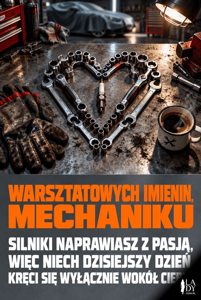 Kartka imieninowa z narzędziami ułożonymi w kształt serca na blacie warsztatowym