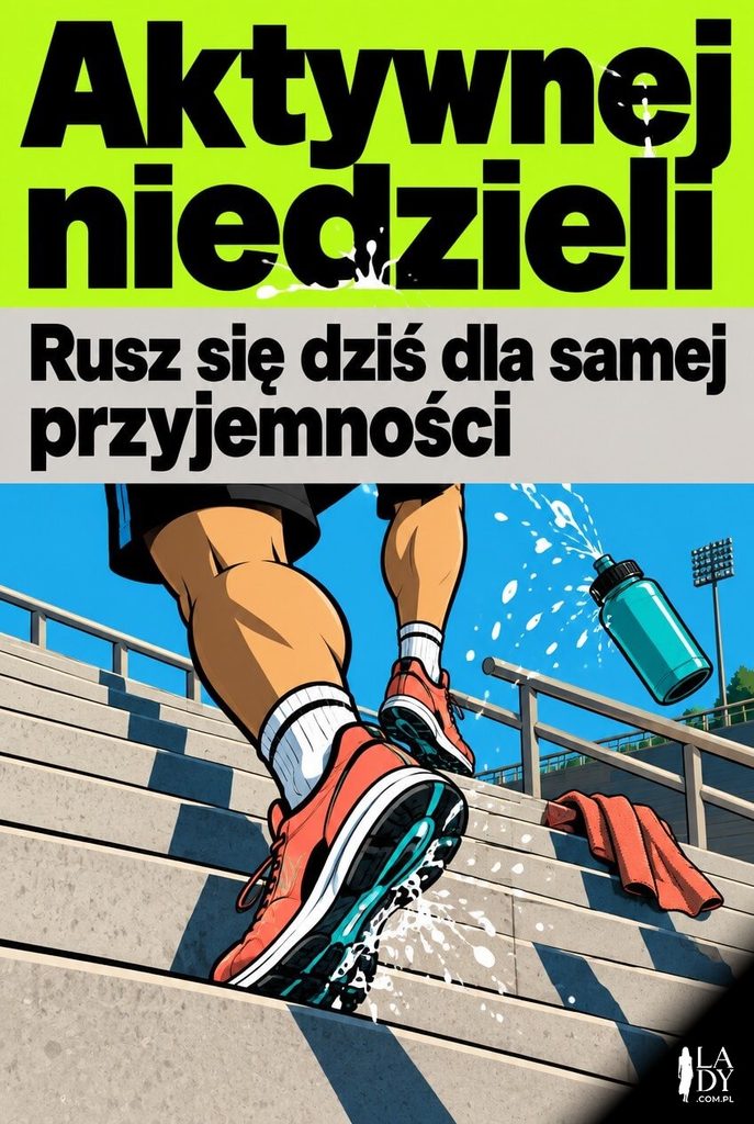 Kartka na aktywną niedzielę z dynamicznym biegiem po stadionowych schodach