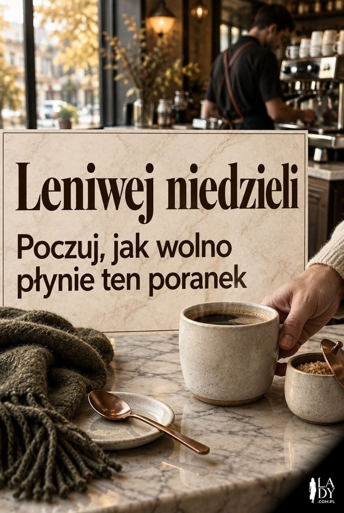 Kartka na niedzielę z kawiarnianym kubkiem na marmurowym blacie