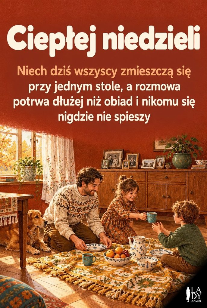 Kartka na rodzinną niedzielę ze sceną wspólnego posiłku na kocu w salonie