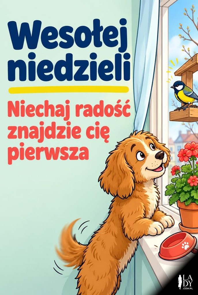 Kartka na niedzielę z psem obserwującym sikorkę przy oknie
