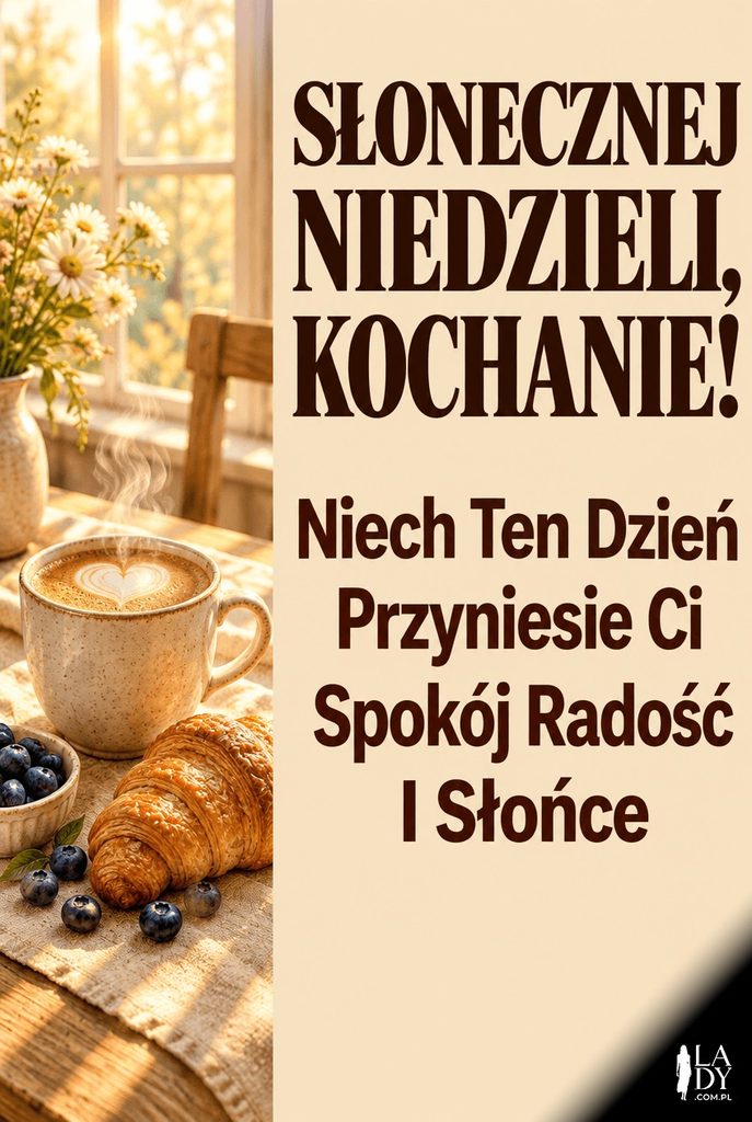 Niedzielna kartka z cyfrowym obrazem kubka parującej kawy na słonecznym stole oraz dużym tekstem życzeń na jasnym panelu.
