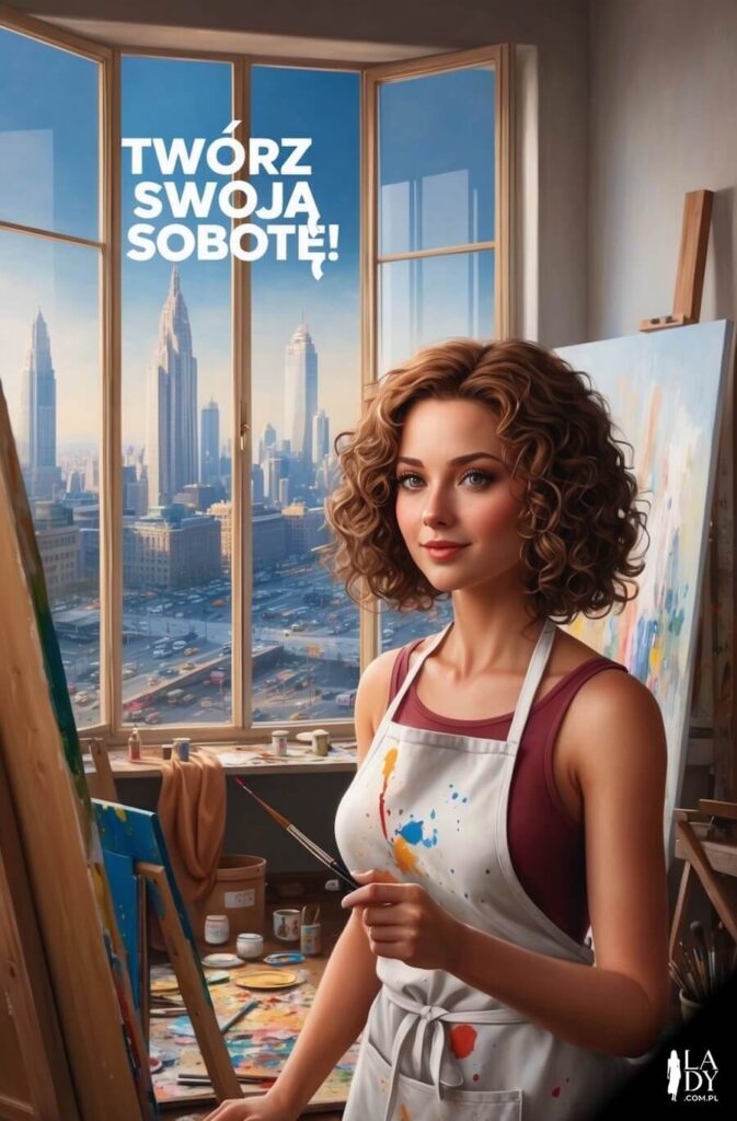 Kreatywny obrazek, ładna dziewczyna podczas malowania w swoim gabinecie przy oknie, z motywującymi słowami: Twórz swoją sobotę