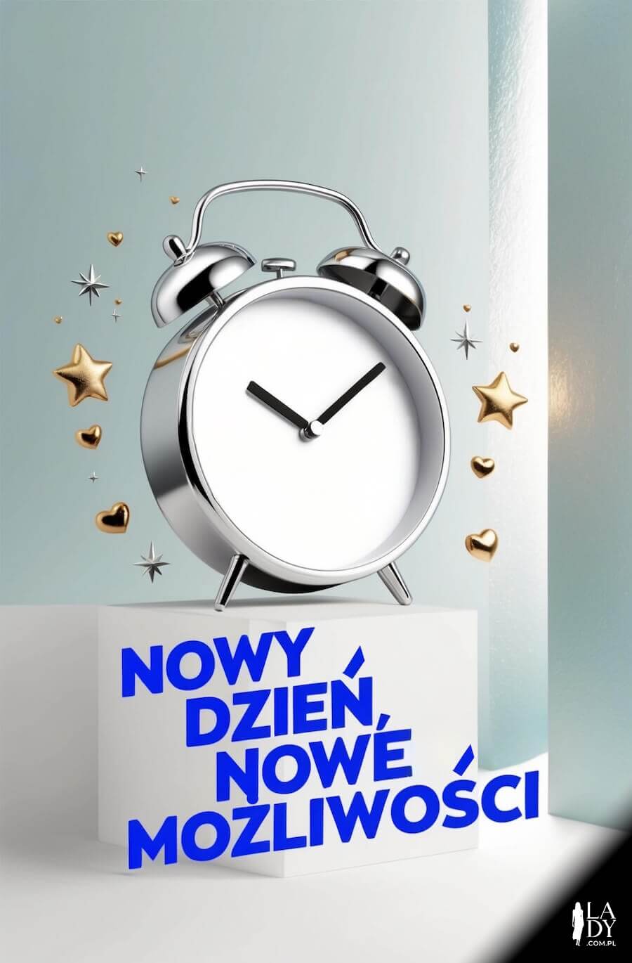Obrazek budzik z gwiazdkami i serduszkami, minimalistyczny styl, motywujące pozdrowienia: nowy dzień, nowe możliwości