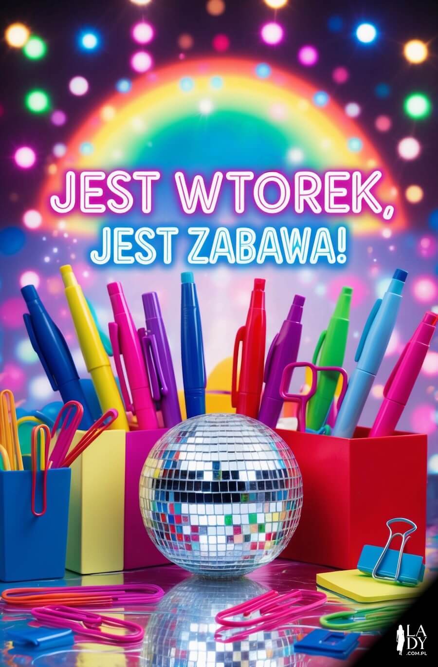 Obrazek z dyskotekowym akcentem, biuro i kula dyskotekowa oraz długopisy i inne akcesoria biurowe, z hasłem: jest wtorek, jest zabawa
