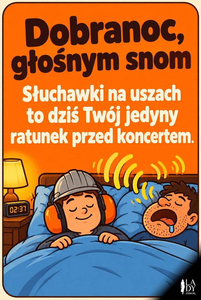 Rysunkowa scena osoby w ochronnikach słuchu i kasku obok głośno chrapiącego partnera, z napisem „Dobranoc, głośnym snom".