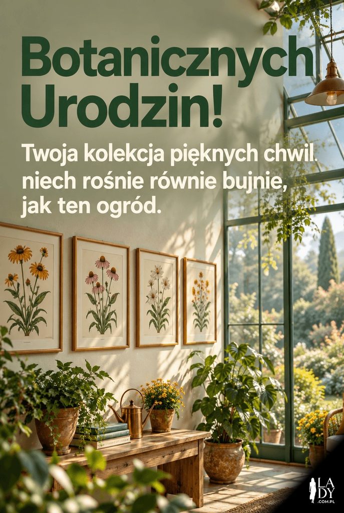 Kartka urodzinowa z botanicznymi ilustracjami w oranżerii i ogrodem w tle, życzenie „Botanicznych Urodzin!”