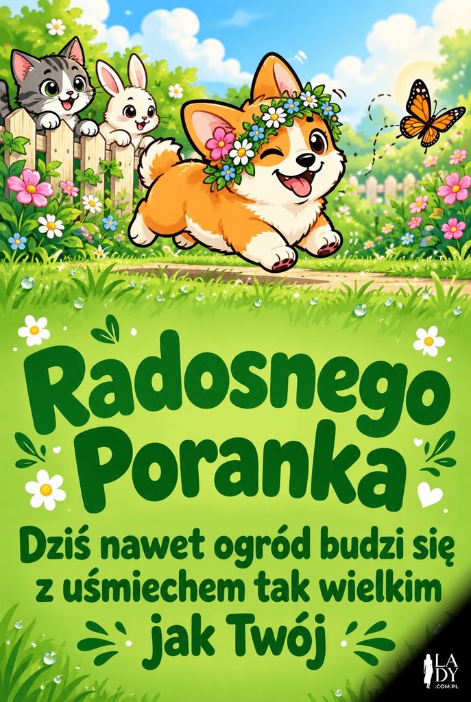 Kolorowa ilustracja radosnego psa w kwiatowej koronie biegnącego przez ogród za motylem, z napisem życzącym radosnego poranka.