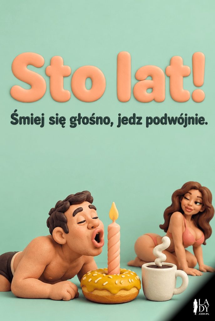 Plastelinowa figurka dmuchająca świeczkę na pączku, minimalistyczna żartobliwa kartka urodzinowa