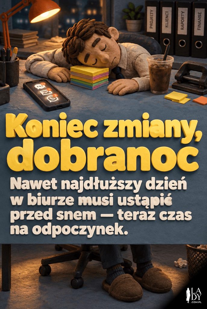 Plastelinowa scena śpiącego pracownika biurowego z głową na karteczkach samoprzylepnych, z napisem „Koniec zmiany, dobranoc".