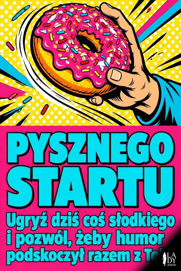 Pop-artowa ilustracja pączka z lukrem chwytanego przez komiksową dłoń na tle w kropki, z życzeniami pysznego startu dnia.
