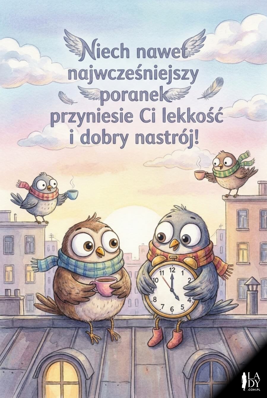 Kartka dla rannych ptaszków z humorem i poranną atmosferą