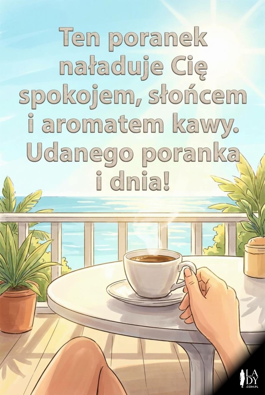 Słoneczny poranek na tarasie z kawą i spokojnymi życzeniami