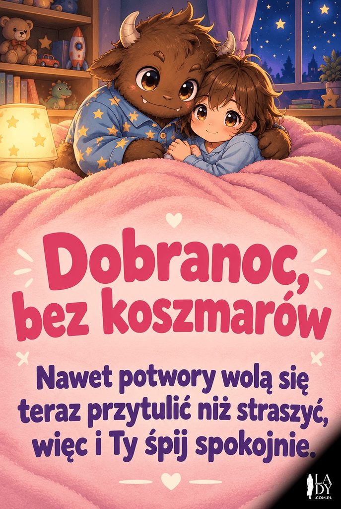 Anime ilustracja dziecka i małego potworka otulonych wspólnym kocykiem, z napisem „Dobranoc, bez koszmarów".