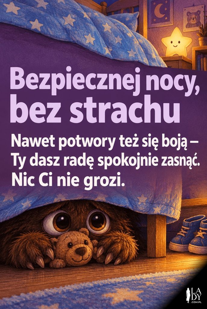Ilustracja małego przestraszonego potworka chowającego się pod łóżkiem z misiem, z dłuższym napisem „Bezpiecznej nocy, bez strachu".