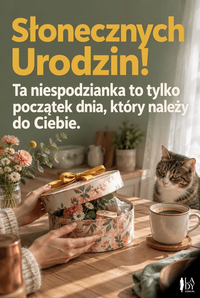 Kartka urodzinowa – dłonie odsłaniające pudełko z kwiatami przy porannej kawie, życzenie „Słonecznych Urodzin!”