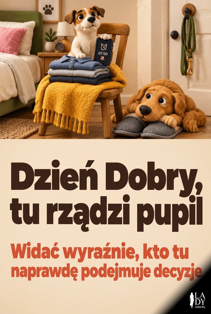 Plastelinowa kartka z psem siedzącym dostojnie na ubraniach i kapciach właściciela jako dowód domowej hierarchii, z napisem „Dzień Dobry, Rządzi Pupil".