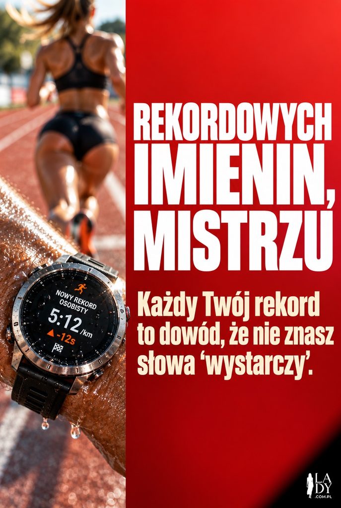 Kartka imieninowa z makro zdjęciem zegarka sportowego pokazującego rekord osobisty