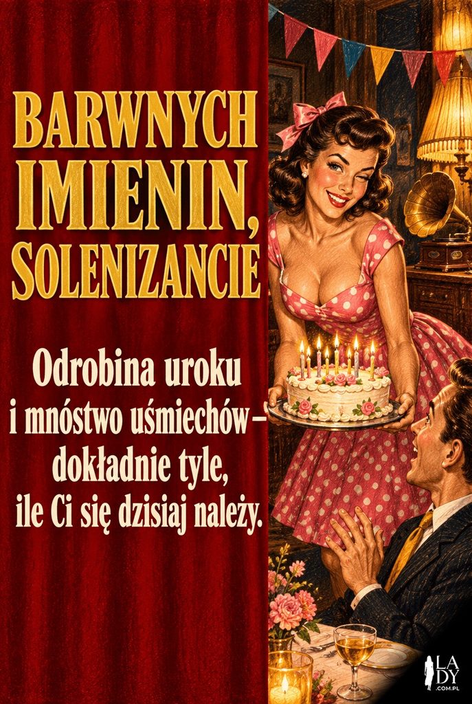 Kartka imieninowa w stylu retro z kobietą wnoszącą tort solenizantowi