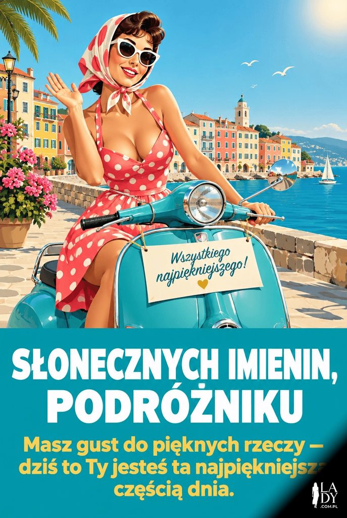 Kartka imieninowa z retro kobietą na skuterze i życzeniami w nadmorskim miasteczku