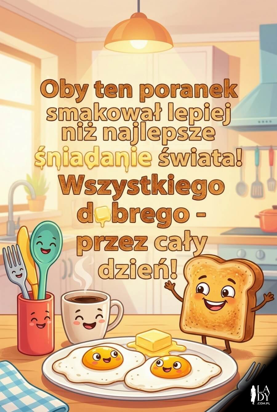 Humorystyczna kartka ze śniadaniem, uśmiechnięte jedzenie i poranne życzenia