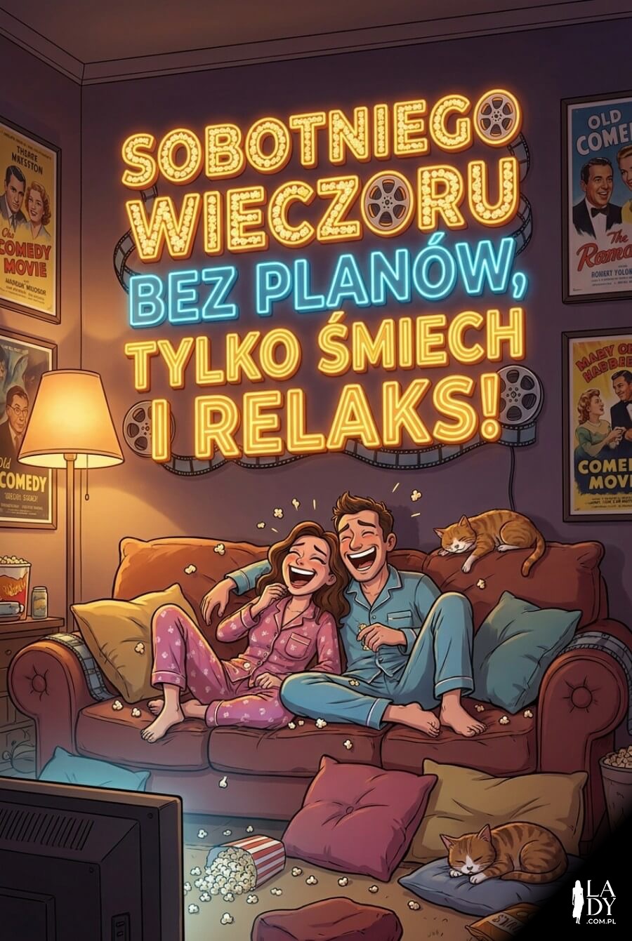 Domowy wieczór z sofą i popcornem w zabawnym stylu
