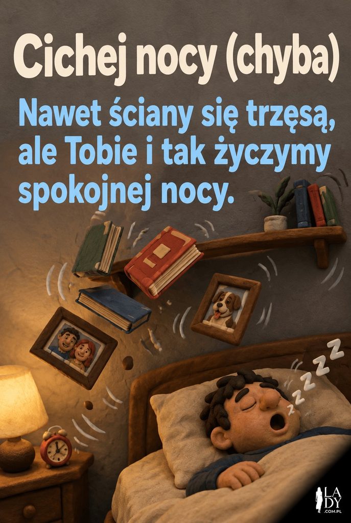 Plastelinowa scena spadających z półki książek od siły chrapania, z napisem „Cichej nocy (chyba)".